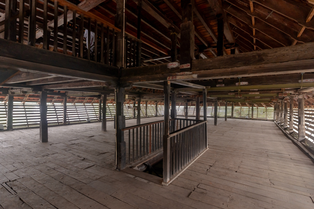 The first floor of Mishkal Mosque, constructed entirely of wood.