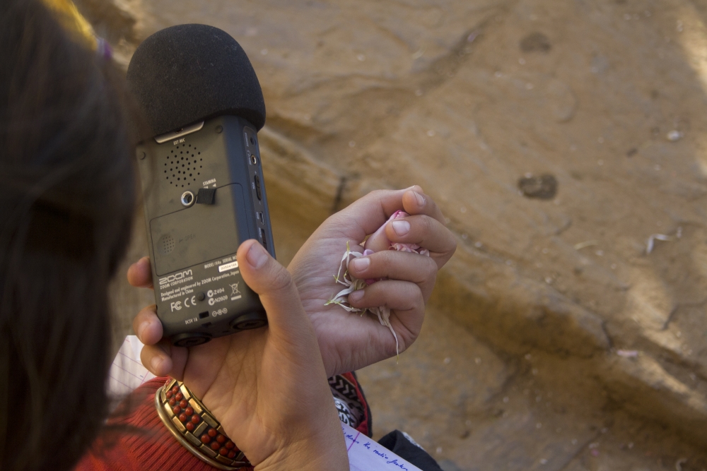 Fig. 4. The technology used in community radio stations in India is simple and accessible. Recordings are usually done on portable recorders which are both simple to operate and easy to monitor. Accessible technology also allows for more people to work as content producers and allows radio broadcasters more mobility to record material, unencumbered by bulky equipment (Photograph by Shweta Radhakrishnan/ Courtesy: People’s Power Collective)